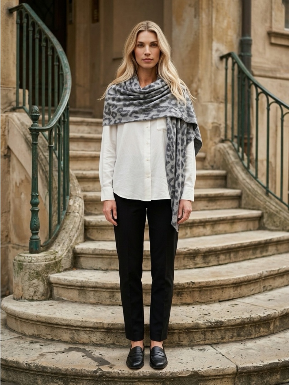 Gray & White Leopard print shawl scarf wrap by Mystree feels like cashmere soft - Picture 3 of 11